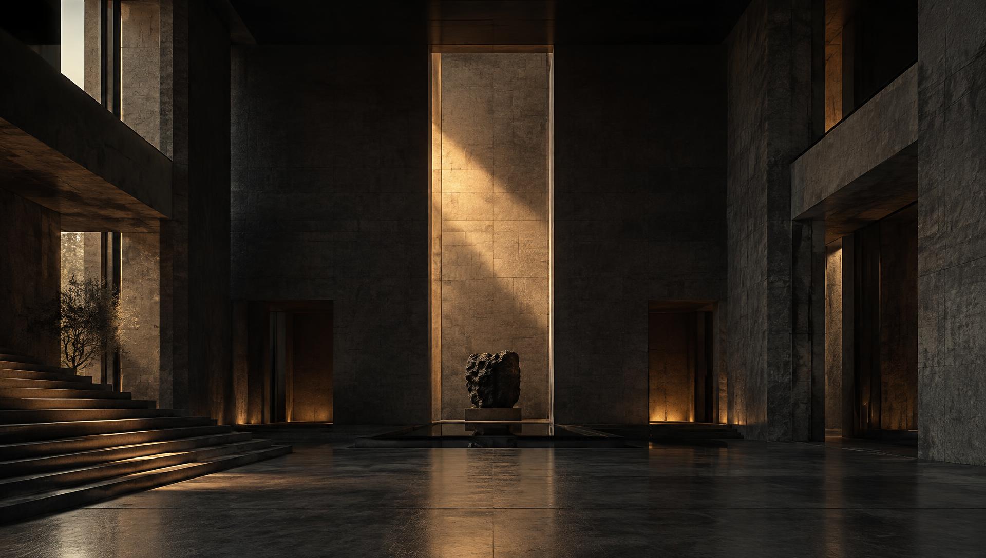 A quiet stone atrium crossed by a single beam of light